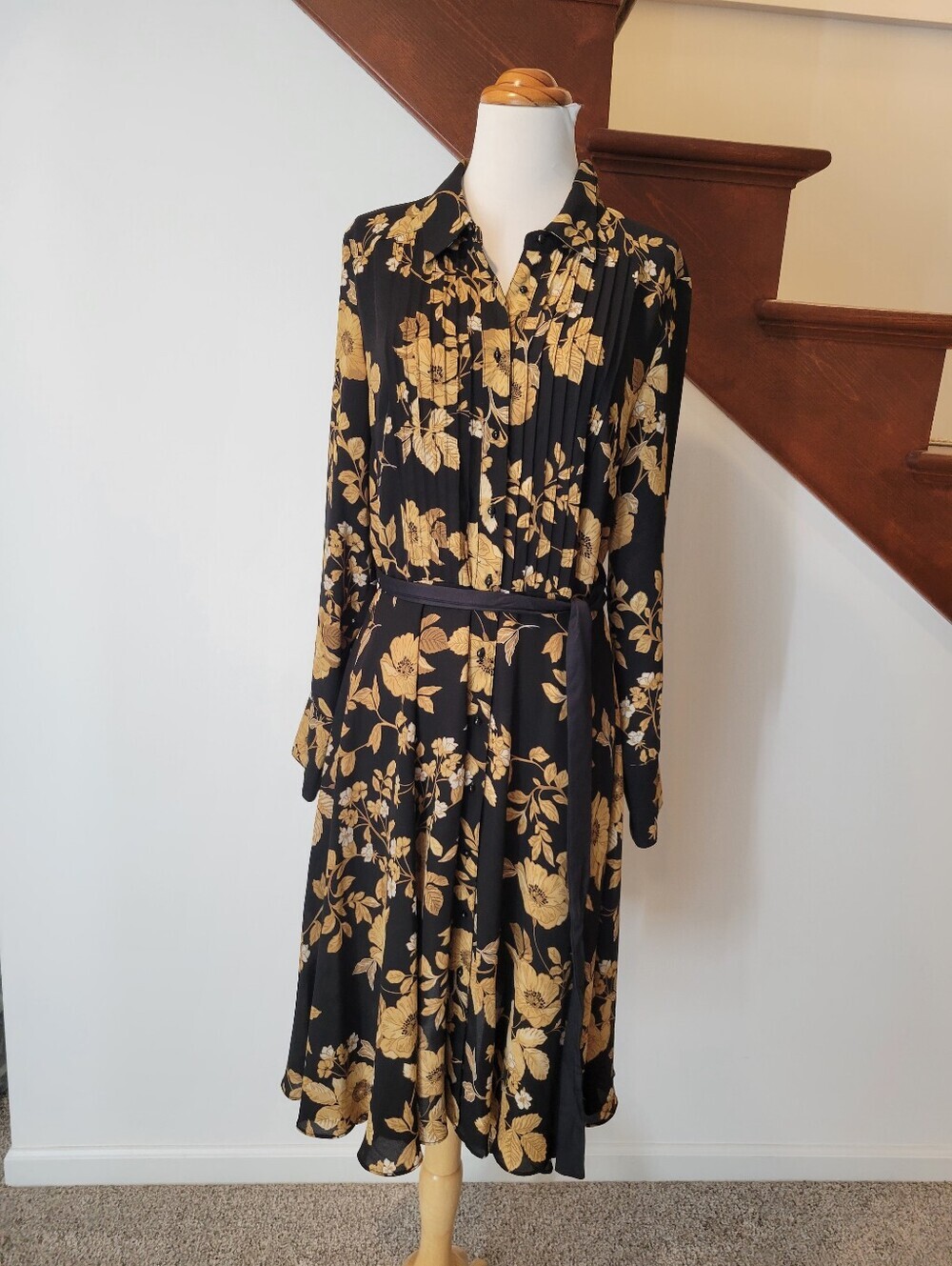 Nanette Lepore Black Dress with Gold Floral Print and Tie Waist Size 10